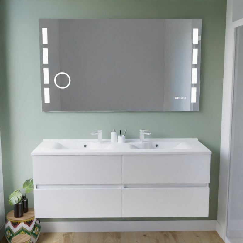 Cuisibane - Meuble double vasque inox 140 cm rosinox + miroir led Excellence- Blanc- Plan vasque en
