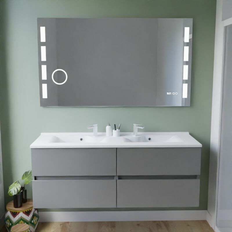 Cuisibane - Meuble double vasque inox 140 cm rosinox + miroir led Excellence- Gris- Plan vasque en