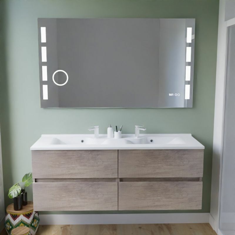 Cuisibane - Meuble double vasque inox 140 cm rosinox + miroir led Excellence- Bois- Plan vasque en