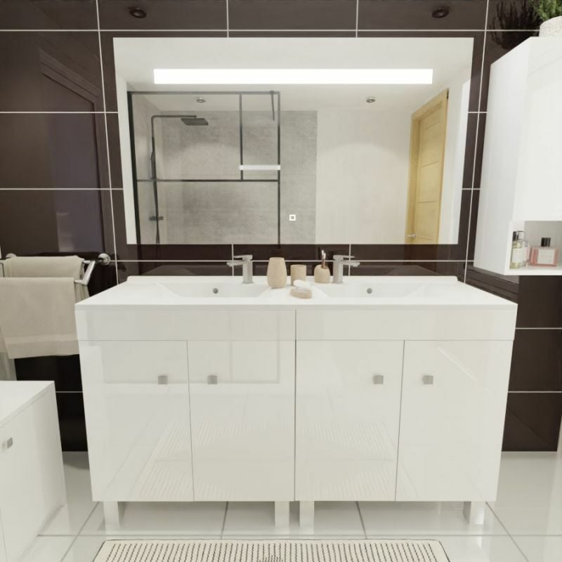 Cuisibane - Meuble ecoline 140 cm avec plan vasque résine et miroir Elégance ht80- Blanc brillant