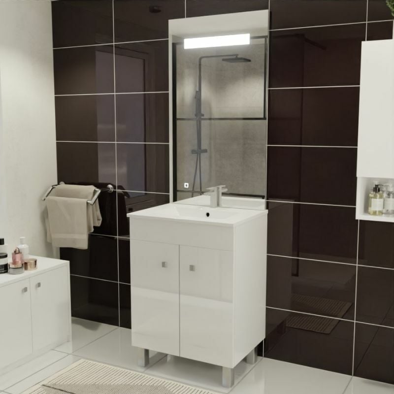 Meuble ecoline 60 cm avec plan vasque et miroir Elégance ht105 - Blanc brillant