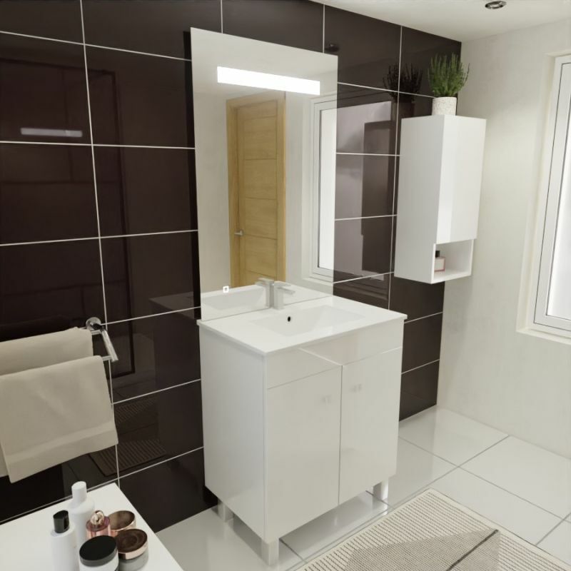 Meuble ecoline 70 cm avec plan vasque et miroir Elégance ht105 - Blanc brillant