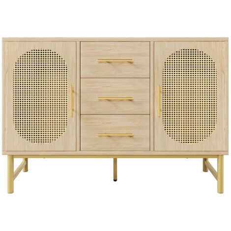 Meuble en rotin avec 3 tiroirs et 2 portes 120×40×74 cm – Buffet ou coiffeuse pour chambre et salon – Étagères ajustables, design sûr anti-basculement – Sonoma