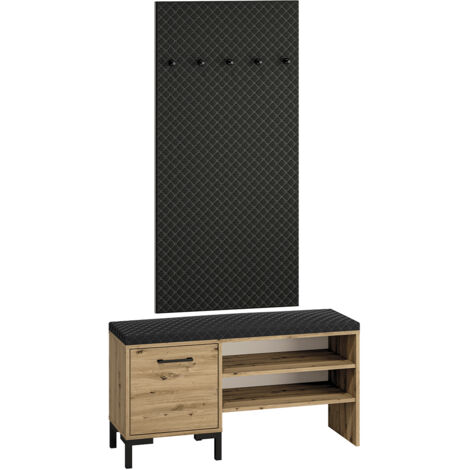 Meuble entrée porte-manteau et banc à chaussures 1 porte Liora Bois et Noir