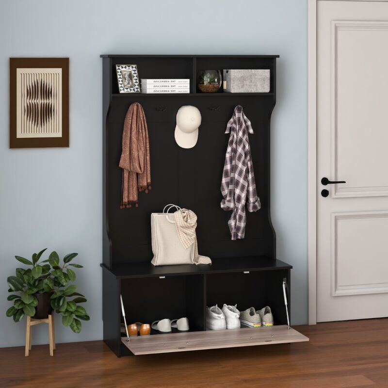 Design In - Meuble Entrée Porte Manteaux Armoire Chaussures Banc 2 Compartiments 100x40x160 cm Noir