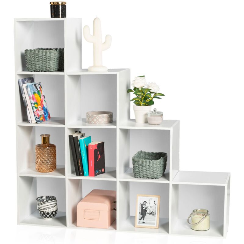 Meuble de rangement en escalier liam 4 niveaux bois blanc + fond blanc
