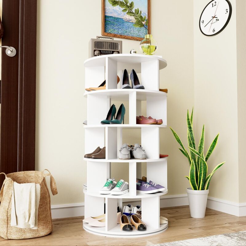 Dans Les Nuages - Meuble Étagère à chaussures, rond, angle rotatif, 5 niveaux, Rangement, hauteur 115 cm - Blanc