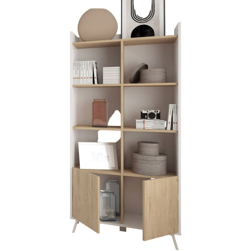 Meuble étagère, bibliothèque murale coloris blanc, chêne - Hauteur 171 x Longueur 80 x profondeur 33 cm