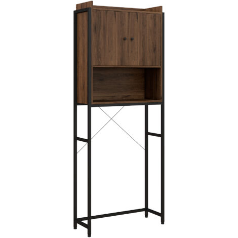Meuble étagère dessus WC étagère de salle de bain placard 2 portes et niche 68 x 25,5 x 172,5 cm marron noir