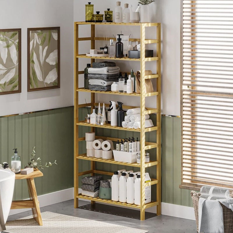 Meuble Étagere Salle de Bain en Bamboo: 6 Niveau Étagère de Rangement Salle de Bain avec Étagères Hauteur Réglable, Naturel Design Meuble de Bas