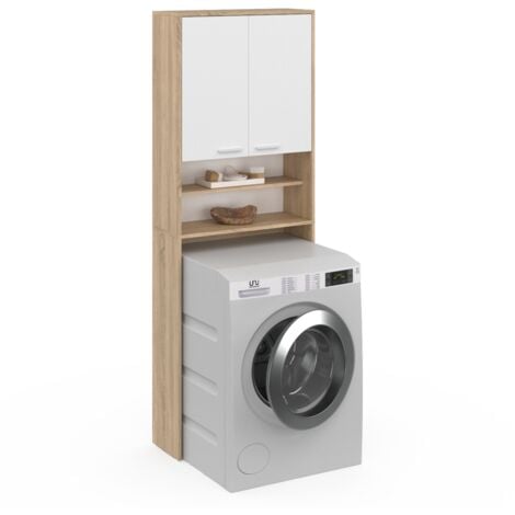 Meuble étagères de rangement dessus machine à laver et WC WALLIS blanc et hêtre