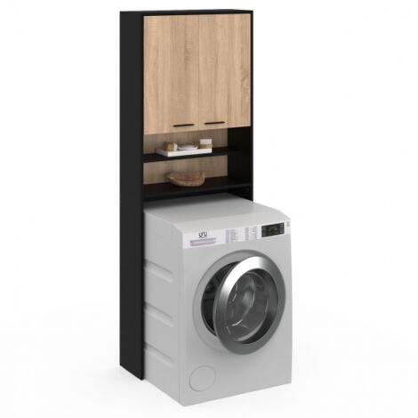 Meuble étagères de rangement dessus machine à laver et WC WALLIS noir et bois façon hêtre