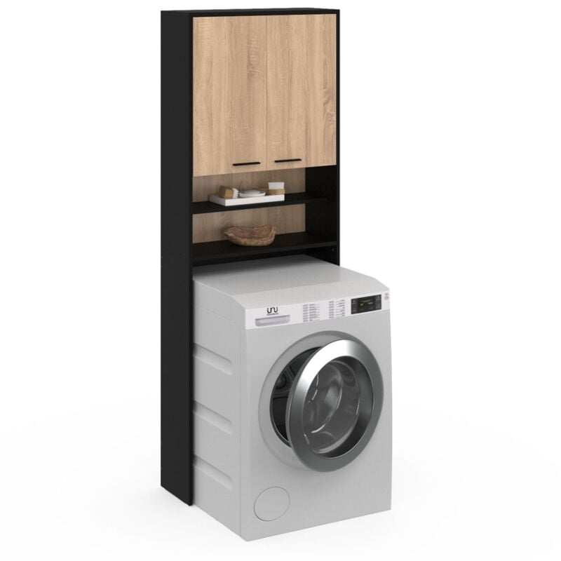 Meuble étagères de rangement dessus machine à laver et wc wallis noir et bois façon hêtre