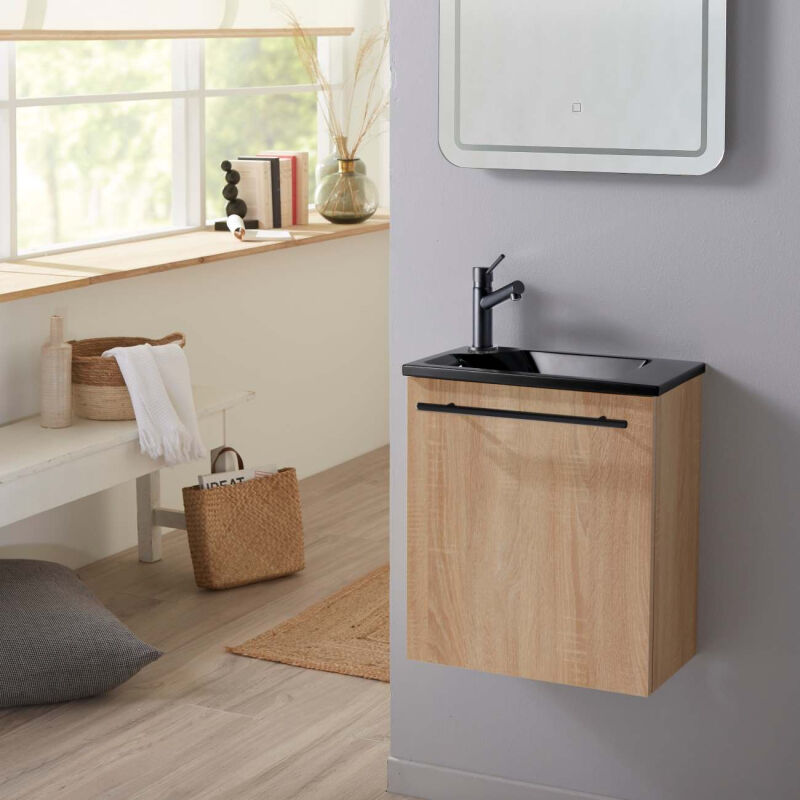 Meuble finition bois pour wc avec lave-mains en solid surface noir et mitigeur noir