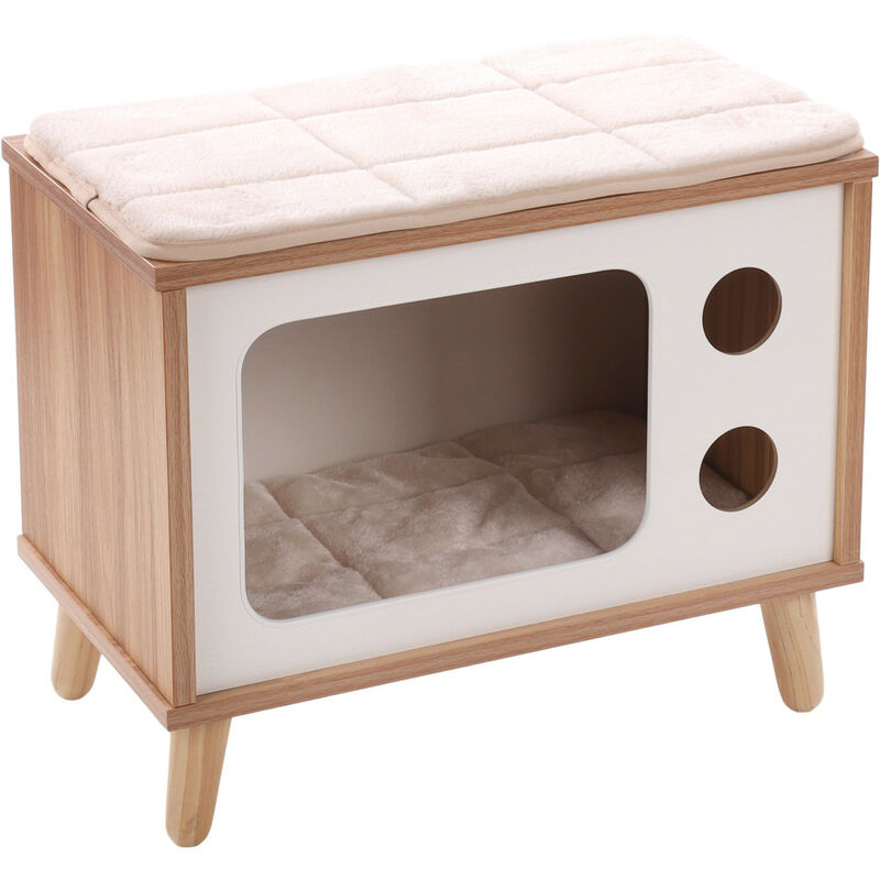 Meuble tv Fino Blanc & Brun & Naturel,50 x 29 x 41H pour chat Flamingo