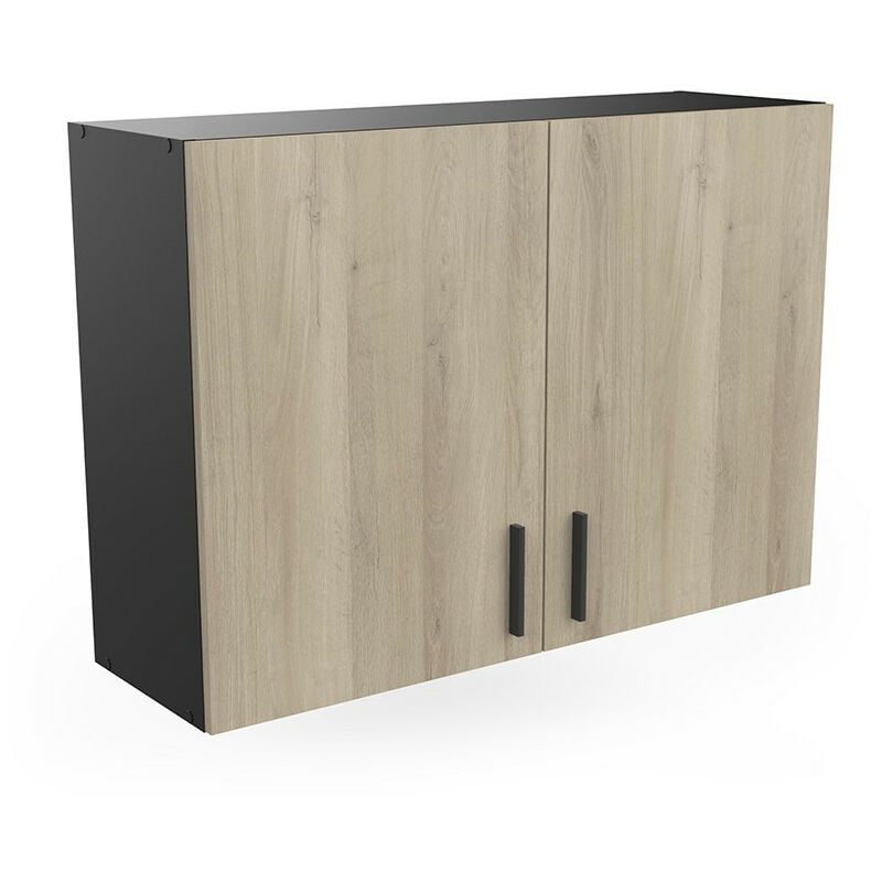 meuble haut 2 portes 100 cm origan noir et bois - naturel - noir et chêne kronberg