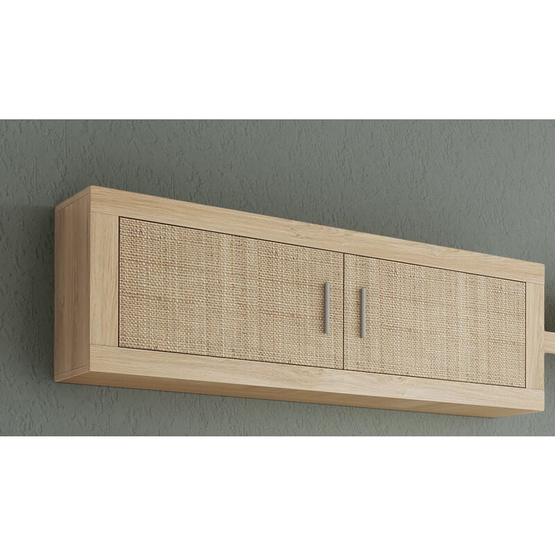 Pegane - Meuble haut 2 portes coloris chêne cambrian, effet textile - Longueur 130 x profondeur 27,9 x hauteur 46 cm