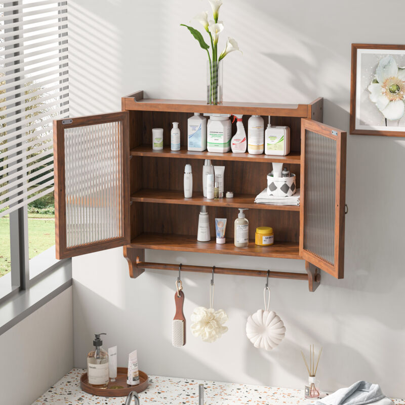 REDOM Meuble haut de cuisine avec 2 portes vitrées porte-serviettes et étagères amovibles en bois couleur marron