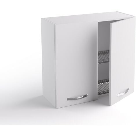 Meuble haut de cuisine Égouttoir Vaisselle 80x33xH72 cm en bois blanc mat avec deux portes | Blanc