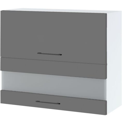 Meuble haut de cuisine Lovia Gris Mat 2 portes relevables avec vitre opaque L 90 cm - Porte avec poignée apparente Grey