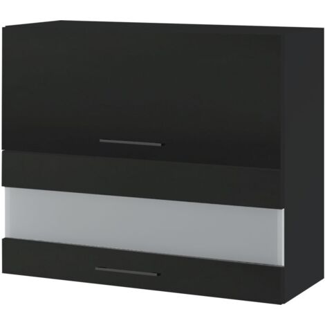 Meuble haut de cuisine Lovia Noir Mat 2 portes relevables avec vitre opaque L 90 cm - Porte avec poignée apparente   Black