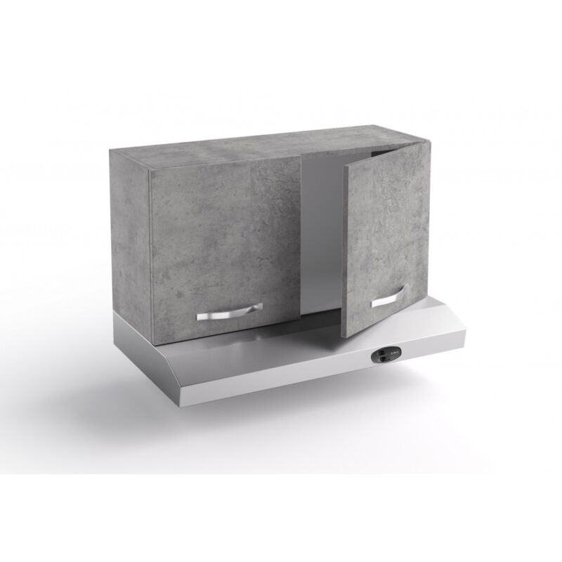 Meuble haut de cuisine sur hotte 90x31xH48 cm bois Gris Ciment avec deux portes et épurateur gris