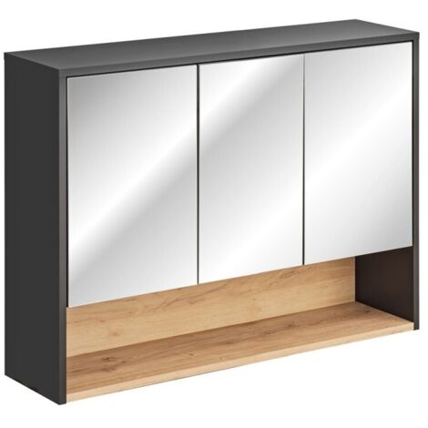 Meuble haut de salle de bain TALOKA – 3 portes miroir – Gris anthracite et chêne clair – L100 cm – Suspendu