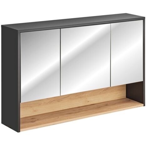 Meuble haut de salle de bain TALOKA – 3 portes miroir – Gris anthracite et chêne clair – L120 cm – Suspendu