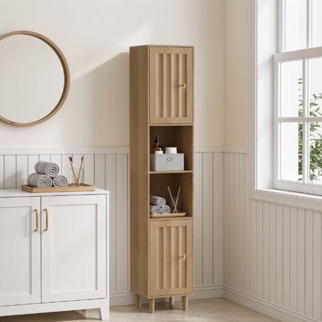 Meuble haut pour machine à laver, armoire de salle de bain avec portes & étagères ouvertes, rangement étroit en bois pour buanderie, balcon, salle de bain, cuisine, autoportant, effet chêne