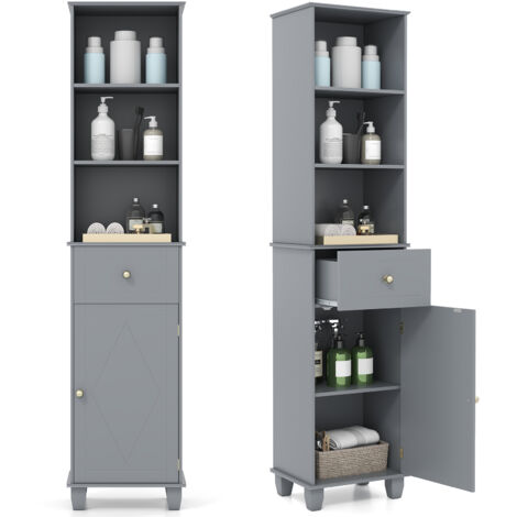 Meuble Haut Salle de Bain, Colonne de Rangement avec 3 Étagères Ouvertes, 1 Tiroir, 1 Placard à Porte, Armoire Salle de Bain, Gain de Place, Gris