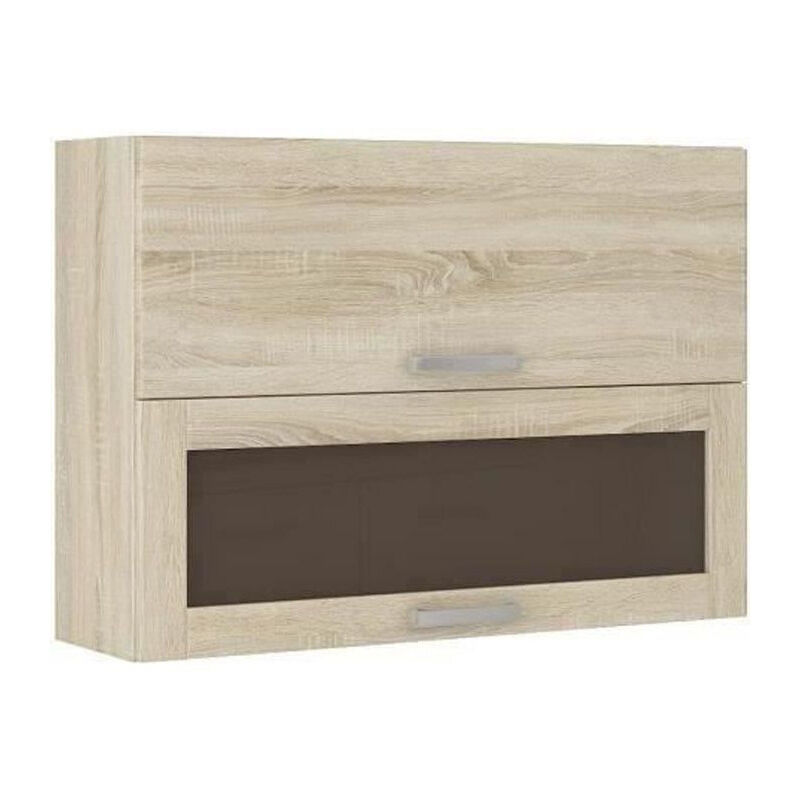 Meuble haut vitre 2 portes basculantes - L 80 x P 31,6 x H 72 - Decor chene sonoma - LASSEN