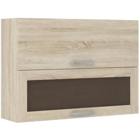 Meuble haut vitré 2 portes basculantes - L 80 x P 31,6 x H 72 - Décor chene sonoma - LASSEN