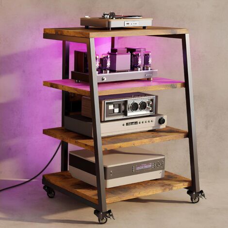Meuble HiFi à 4 Etagères en Bois et Acier avec roulettes, Support pour Platine Vinyle, Meuble Audio/Vidéo, Avec bande LED et Steckdosenleisten, Rangement réglable, Max. 140KG, 60cm x 51cm x 85cm
