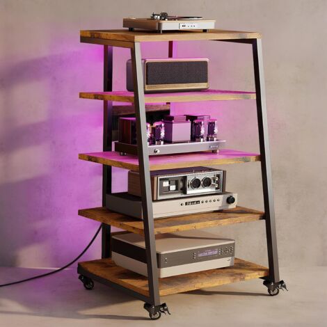 Meuble HiFi à 5 Etagères en Bois et Acier avec roulettes, Support pour Platine Vinyle, Meuble Audio/Vidéo, Avec bande LED et Steckdosenleisten, Rangement réglable, Max. 140KG, 60cm x 52cm x 110cm