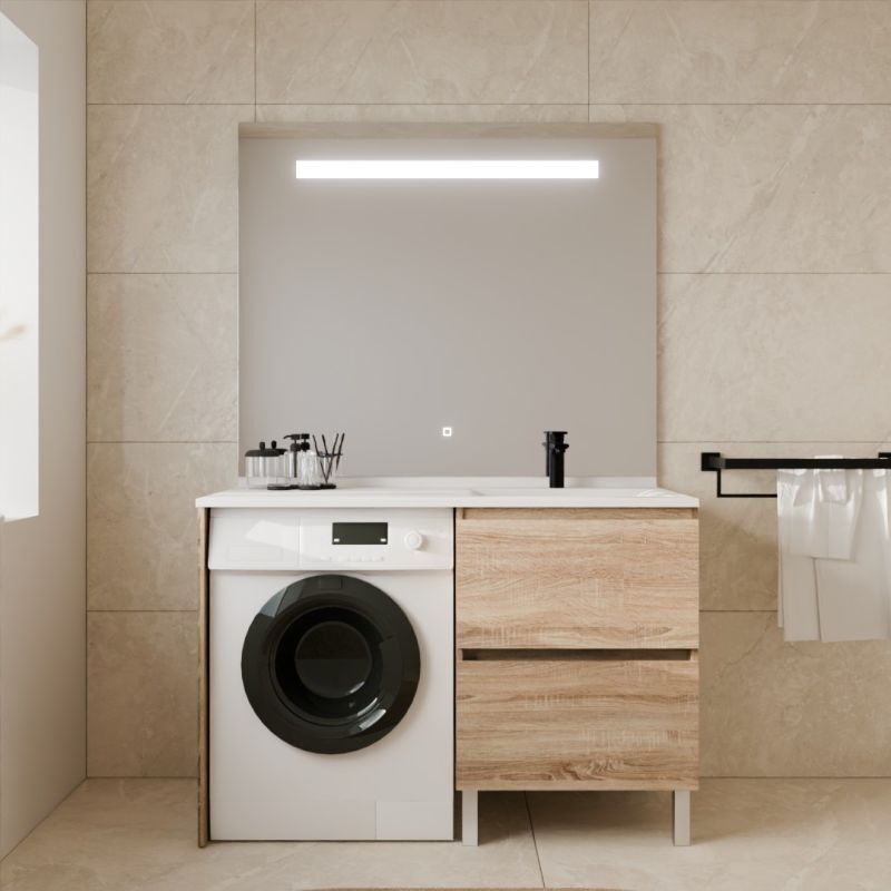 Cuisibane - Meuble lave-linge idea, plan vasque déportée + Miroir Elégance h105- Bois- Vasque à droite
