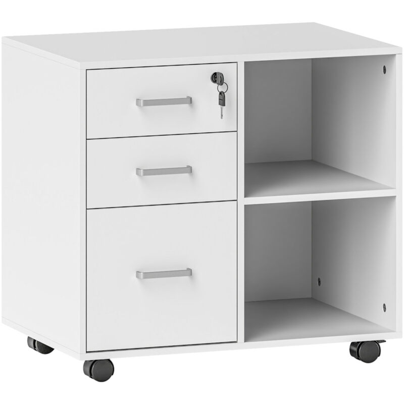 Homcom - Meuble imprimante mobile - caisson de bureau - tiroir verrouillable + 2 tiroirs, 2 niches - blanc