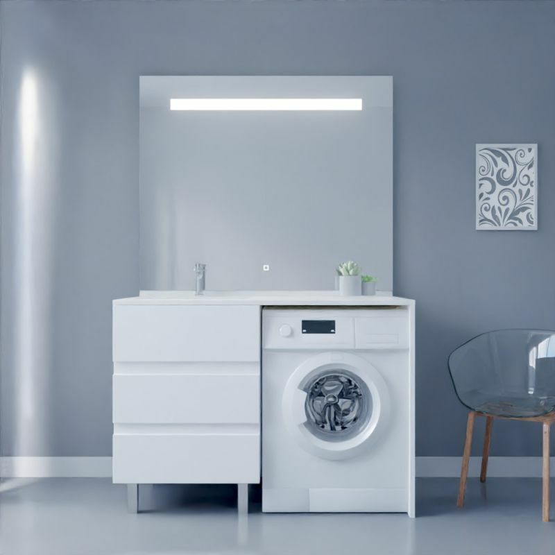 Cuisibane – Meuble machine à laver avec plan vasque déportée – Miroir LED 124 cm – Blanc laqué – Espace lave-linge 62 cm de large
