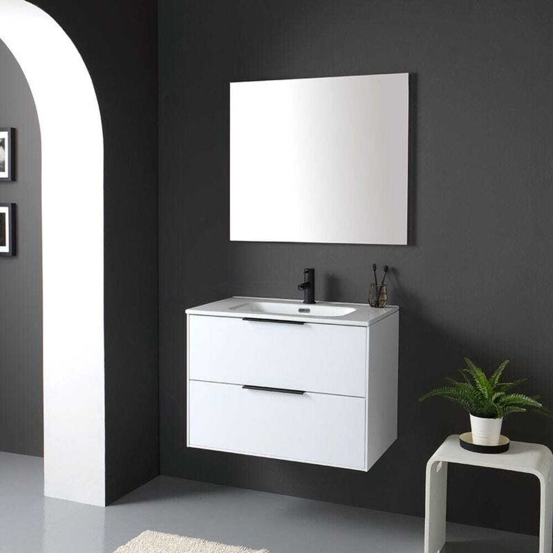 Kiamami Valentina - Meuble Laqué Blanc Pour Salle De Bain 75Cm Avec Miroir Sans Corniche Parigi