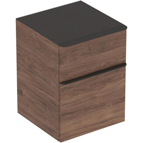 Meuble latéral bas Geberit Smyle Squareavec deux tiroirs: Largeur 45cm, Hauteur 60cm, Profondeur 47cm, Noyer Carya/mélamine structuré bois, gris velouté / thermopoudré mat