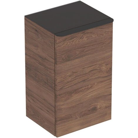 Meuble latéral bas Geberit Smyle Squareavec une porte: Largeur 36cm, Hauteur 60cm, Profondeur 32.6cm, Noyer Carya/mélamine structuré bois, gris velouté / thermopoudré mat, Charnières à gauche