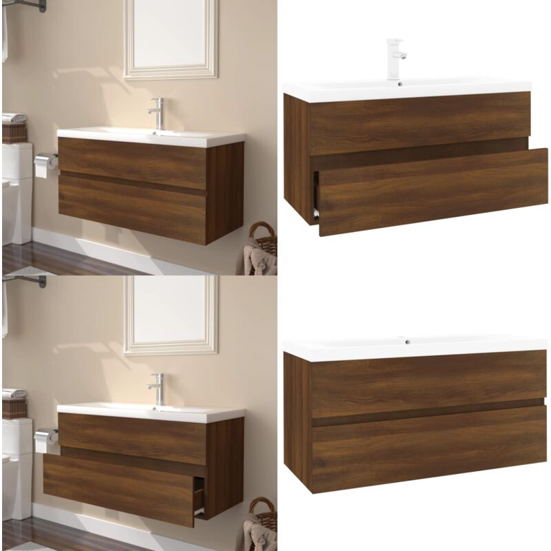 Meuble lavabo avec bassin intégré Chêne brun Bois d'ingénierie - Meuble Lavabo - Meuble Salle De Bain - Vasque Intégrée - Rangement Salle De Bain