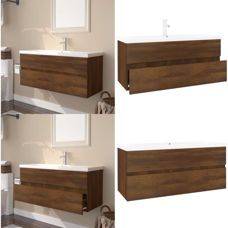 Meuble lavabo avec bassin intégré Chêne brun Bois d'ingénierie - Meuble Lavabo - Meuble Salle De Bain - Vasque Intégrée - Rangement Salle De Bain