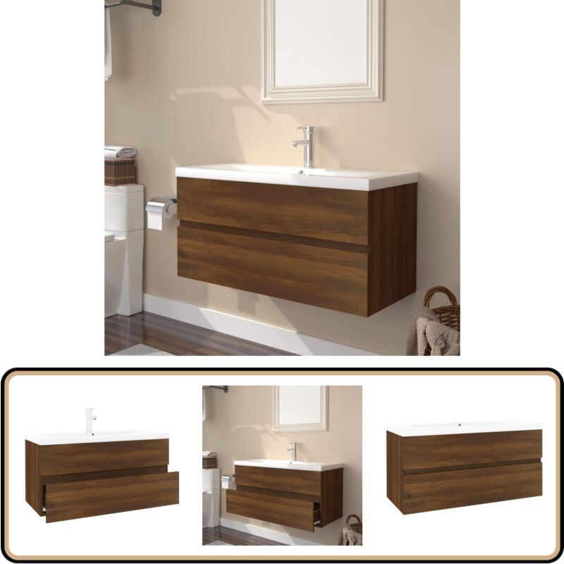Meuble lavabo avec bassin intégré Chêne brun Bois d'ingénierie - Meuble Lavabo - Meuble Salle De Bain - Vasque Intégrée - Rangement Salle De Bain