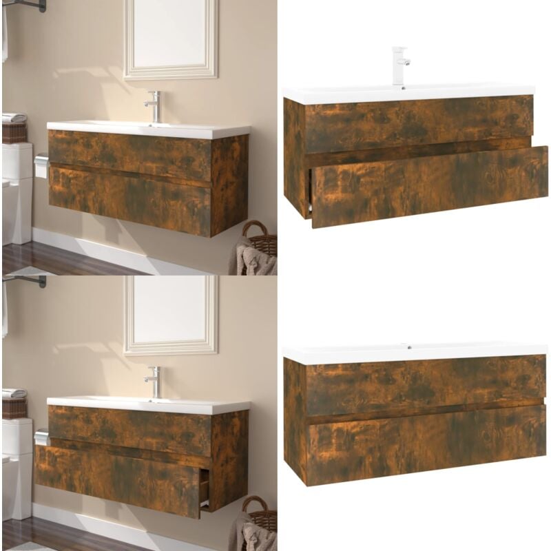 Meuble lavabo avec bassin intégré Chêne fumé Bois d'ingénierie - Meuble Lavabo - Meuble Salle De Bain - Vasque Intégrée - Rangement Salle De Bain