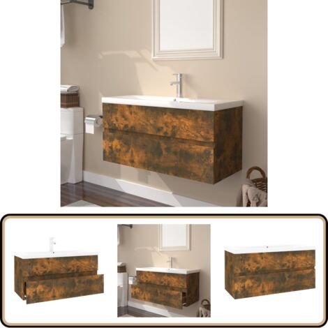 Meuble lavabo avec bassin intégré Chêne fumé Bois d'ingénierie - Meuble Lavabo - Meuble Salle De Bain - Vanity Unit - Meubles De Salle De Bain - Rangement Salle De Bain