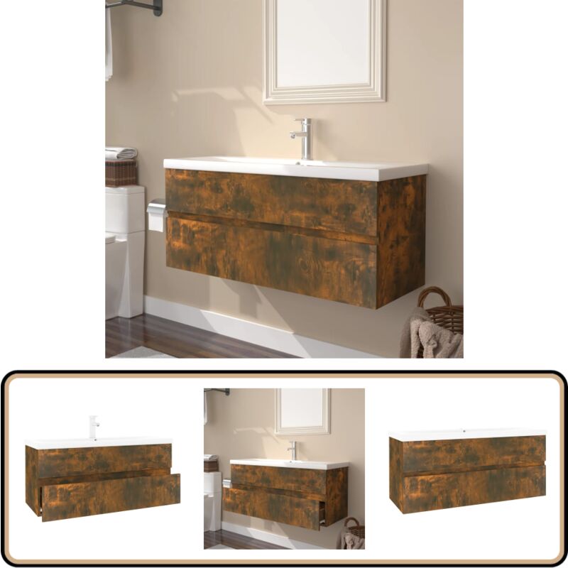 Meuble lavabo avec bassin intégré Chêne fumé Bois d'ingénierie - Meuble Lavabo - Meuble Salle De Bain - Vasque Intégrée - Rangement Salle De Bain