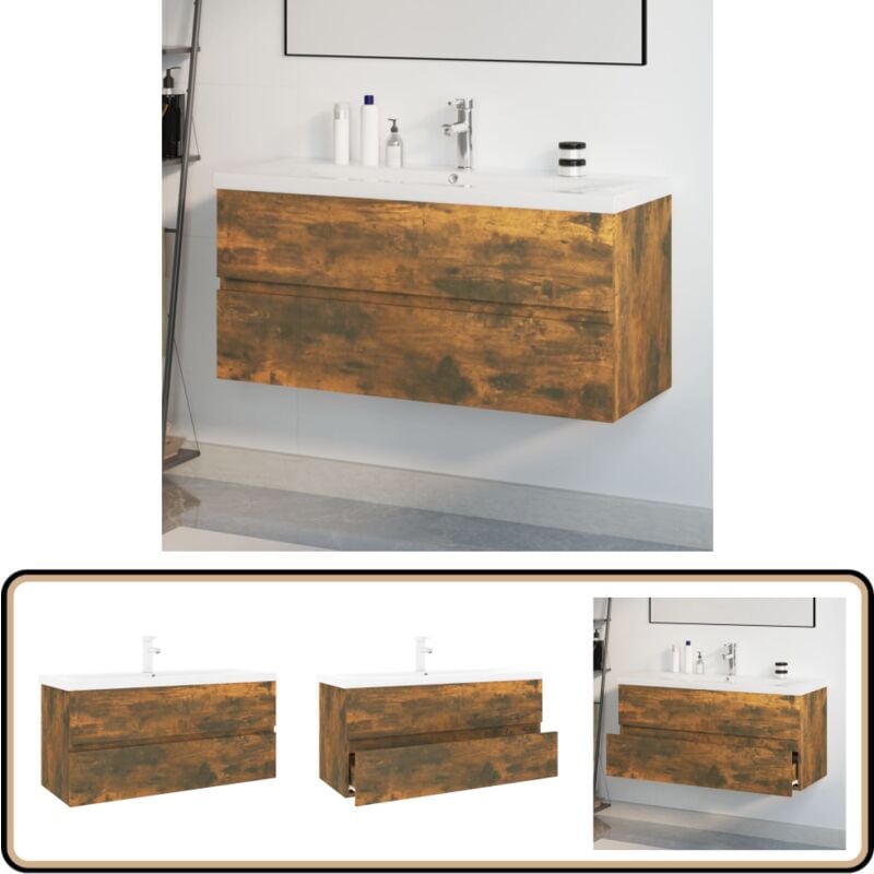 Meuble lavabo avec bassin intégré Chêne fumé Bois d'ingénierie - Meuble Lavabo - Meuble Vasque - Rangement Salle De Bain - Meuble Salle De Bain