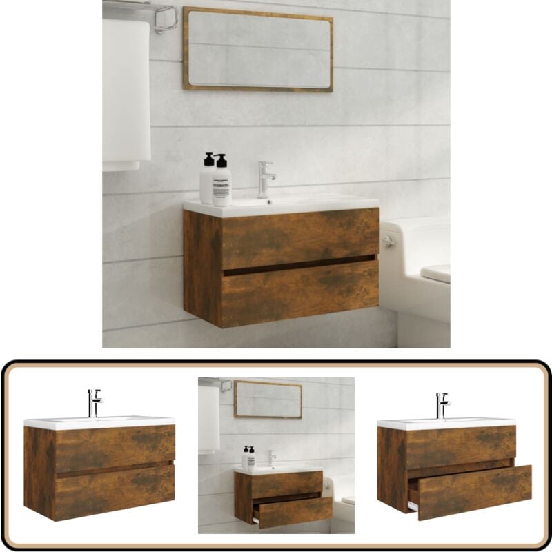 Meuble lavabo avec bassin intégré Chêne fumé Bois d'ingénierie - Meubles De Salle De Bain - Meuble Lavabo - Vasques Intégrées - Robinets - Étagères