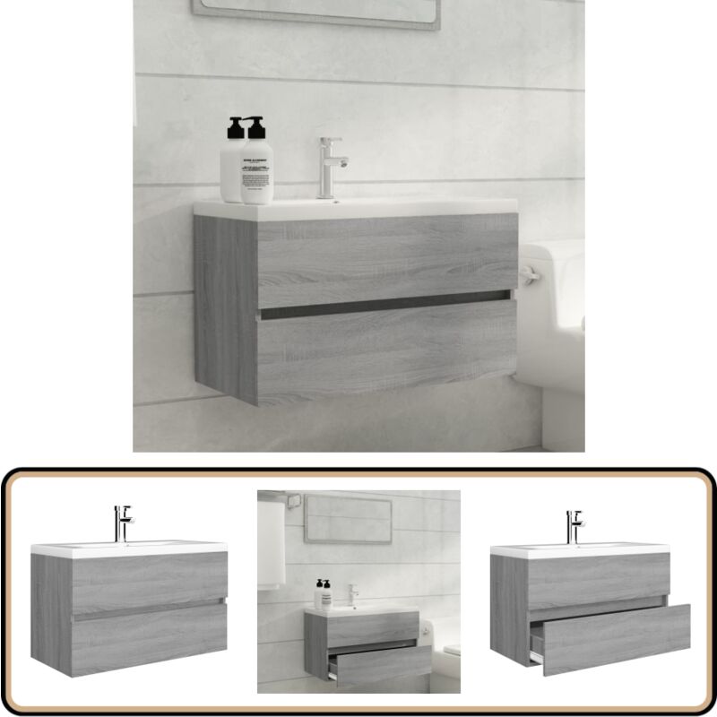 Meuble lavabo avec bassin intégré Sonoma gris Bois d'ingénierie - Meuble Lavabo - Meuble Sous Vasque - Ensemble Salle De Bain - Vasque Intégrée