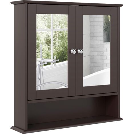 Meuble-lavabo avec miroir, armoire murale à double porte, étagères ouvertes, étagères réglables, 56x13x58 cm, marron foncé.